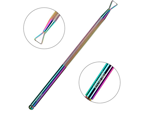 Outil repousse-cuticules irisé vue détail double embout manucure professionnelle - Nolivia.fr